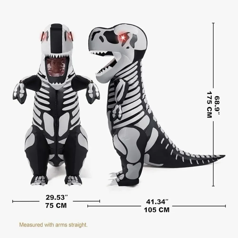 Kids Inflatable T Rex Skeleton Costume Light Up Eyes Blow Up Dinosaur Halloween